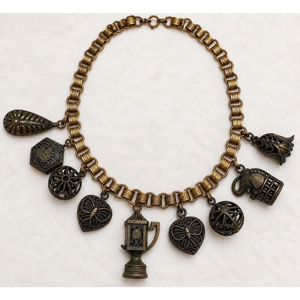 Vintage Japan Book Chain Jingle Charm Necklace Filigree ElephantSpring Clasp